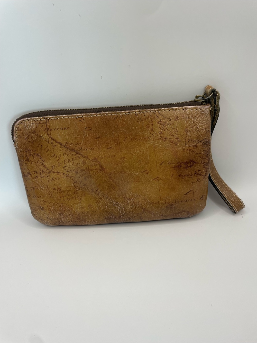 Patricia Nash Distressed Map-Print Wristlet in Tan Brown